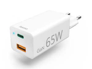 Karikues i shpejtë Hama, GaN, 1x USB-C PD, 1x USB-A QC, mini karikues, 65 W, i bardhë