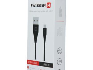 Kabllo Swissten USB-C 3.1, 1.5m, e zezë, 7mm