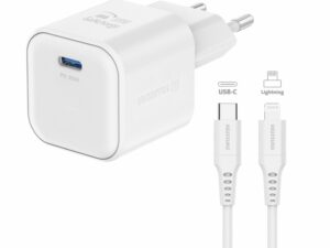 Karikues SWISSTEN GaN, 1x USB-C 20W PD, me kabllo Type-C/Lightning, I zi