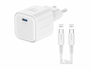 Karikues SWISSTEN, GaN 1x USB-C, 20W PD, me kabllo Type-C/Type-C, I bardhë