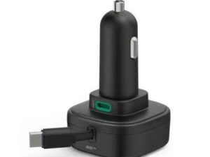 Karikues i shpejtë për makinë,GaN, 1x USB-C/PD/QC 30W, kabllo vetëmbështjellëse 0.7m, e zezë