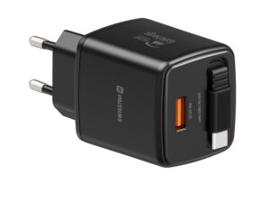 Karikues Swissten SlideCHARGE GAN 45W, 1× USB-A 18W me kabllo USB-C 0,75 M