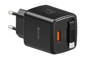 Karikues Swissten SlideCHARGE GAN 30W, 1× USB-A 18W me kabllo USB-C 0,75 M
